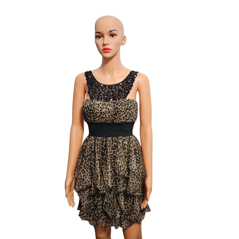 Roberta Animal Print Sleeveless Tiered Ruffled Mobwife Cocktail Mini Dress Sz S